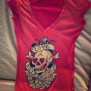 Red Ed Hardy love kills slowly tattoo biker Tee M